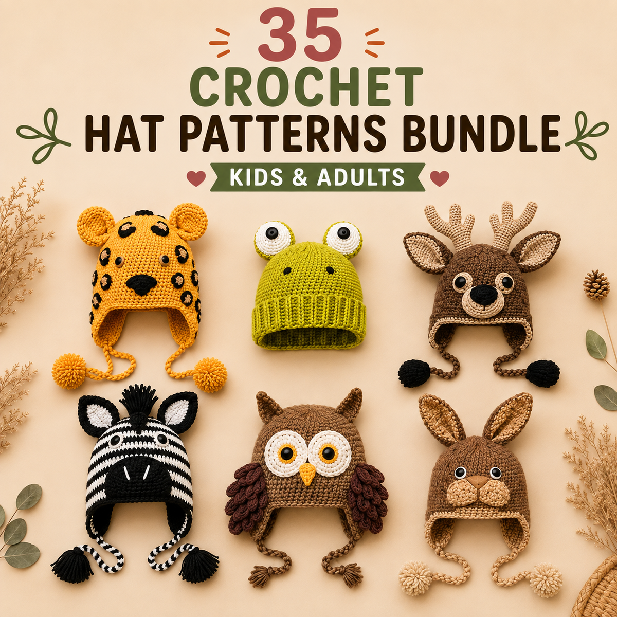 35 Crochet Hat Patterns Bundle